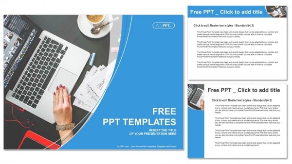 Notebook laptop and coffee cup on black table PowerPoint Templates (4)