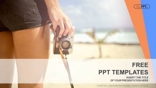 Sporty woman with old photo camera standing on the beach PowerPoint Templates (1)